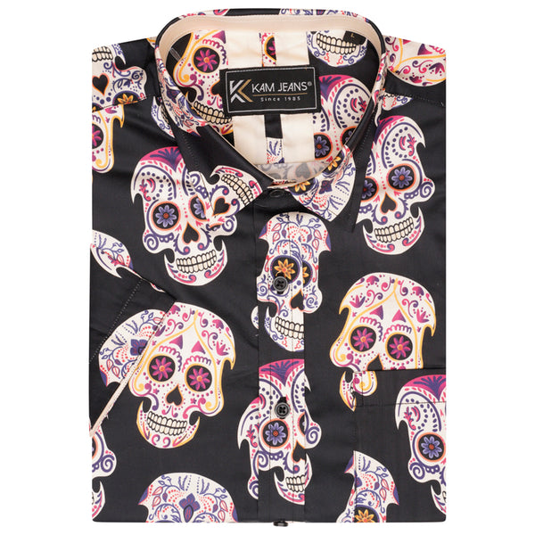 KAM Short Sleeve Ghost Skull Print Shirt