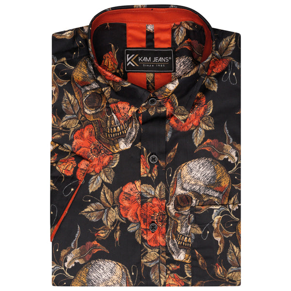 KAM Short Sleeve Floral Skull Print Shirt