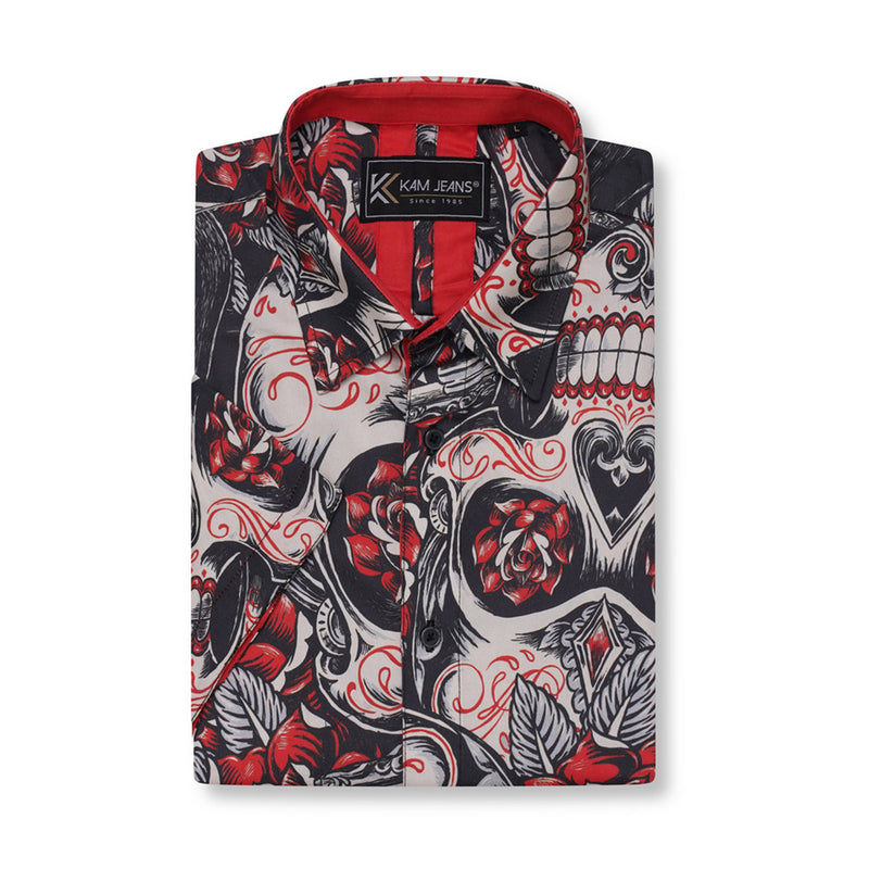 KAM Short Sleeve Skull & Roses Print Shirt