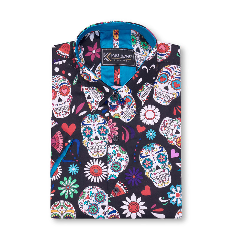 KAM AOP Skull Print Short Sleeved Shirt