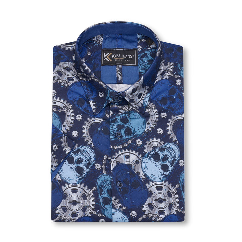 KAM AOP Retro Skull And Cogs Print Shirt