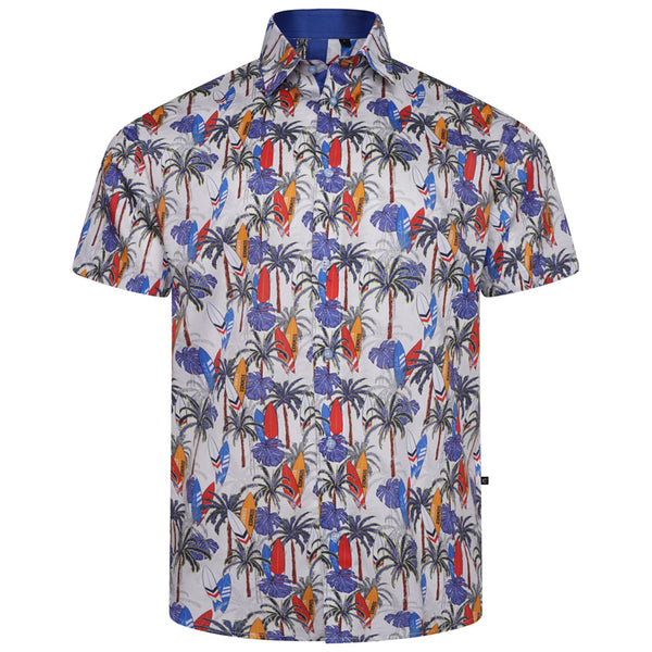 KAM Short Sleeve Surf Board & Palm Trees Print Shirt