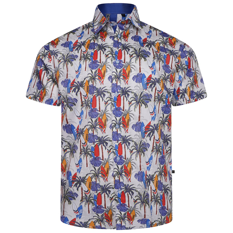 KAM Short Sleeve Surf Board & Palm Trees Print Shirt