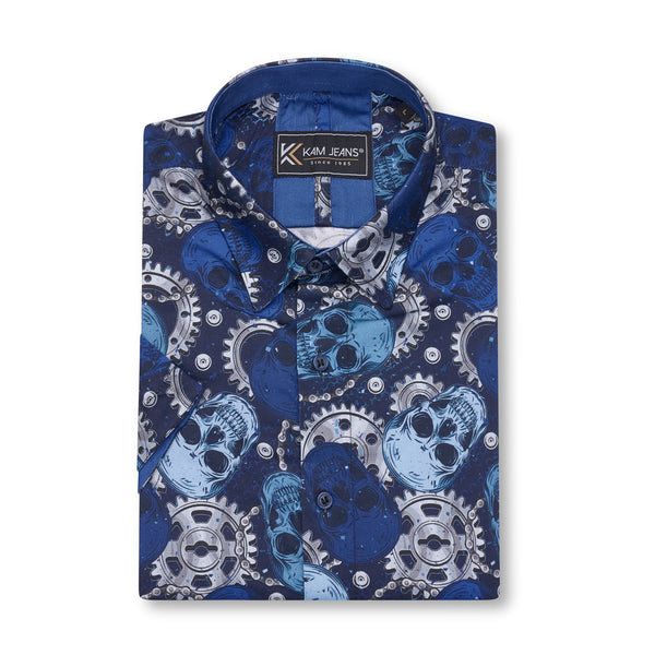 KAM AOP Retro Skull And Cogs Print Shirt